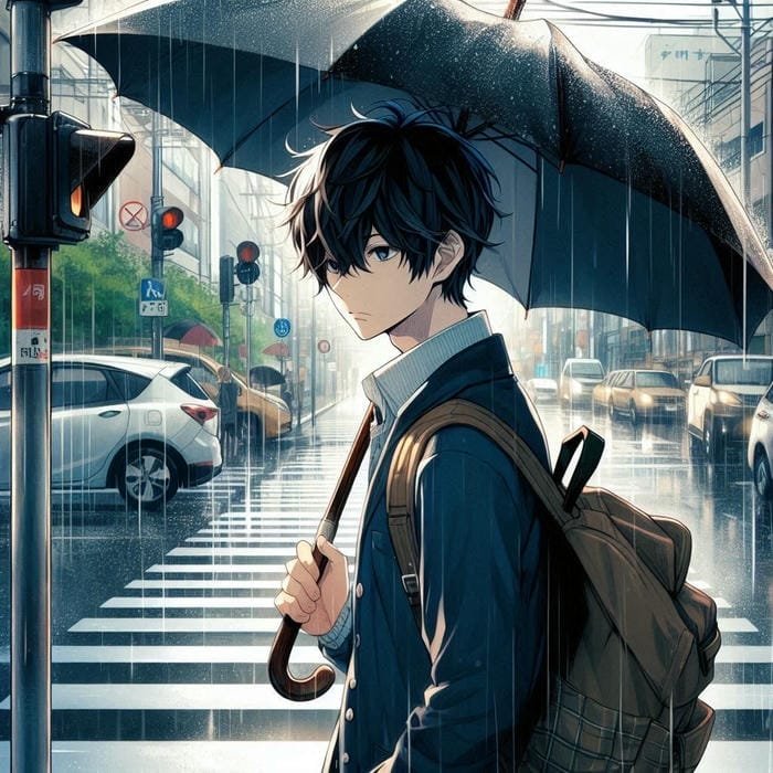 ảnh anime nam học sinh tóc che ô