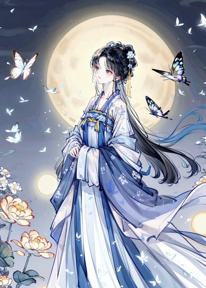 ảnh anime nữ cổ trang dưới trăng