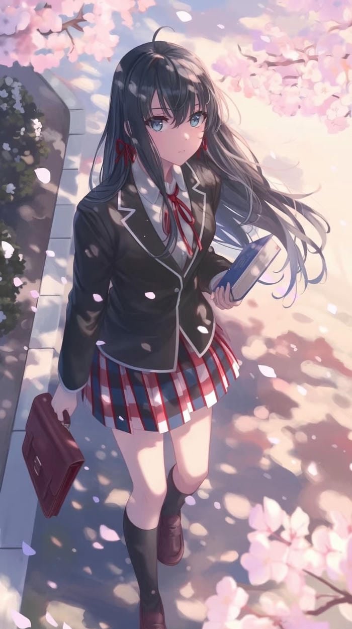 ảnh anime nữ học sinh đi học giữa mùa hè nắng