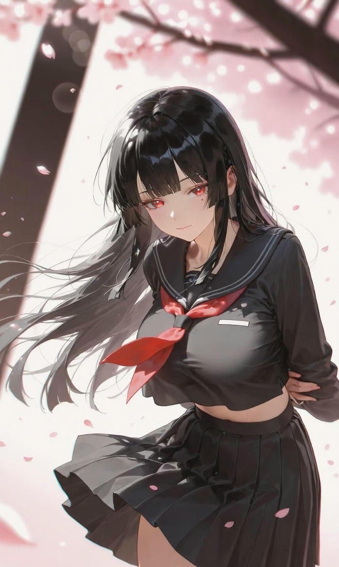 ảnh anime nữ học sinh đứng dưới tán hoa anh đào