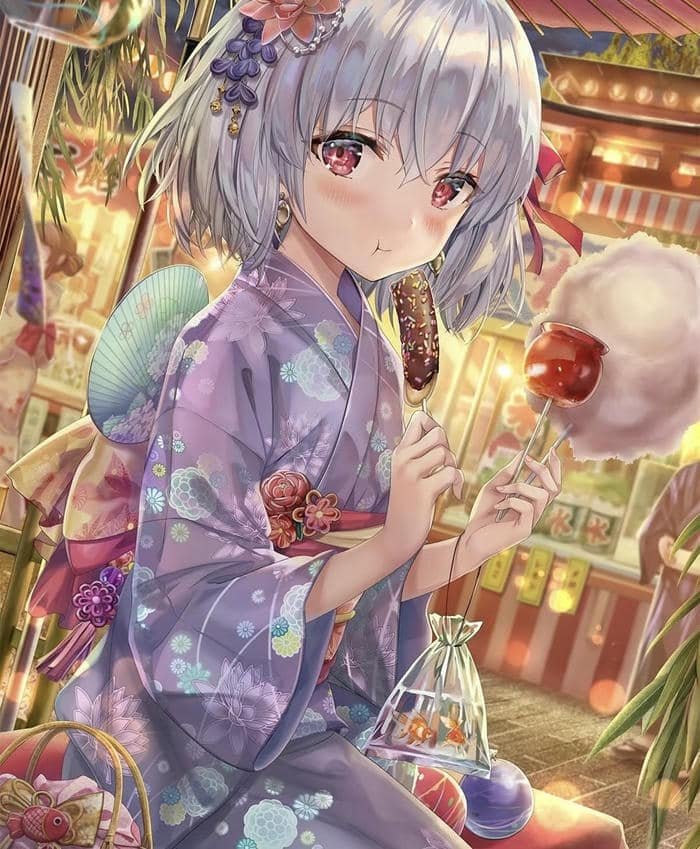 ảnh anime nữ kimono ăn kẹo