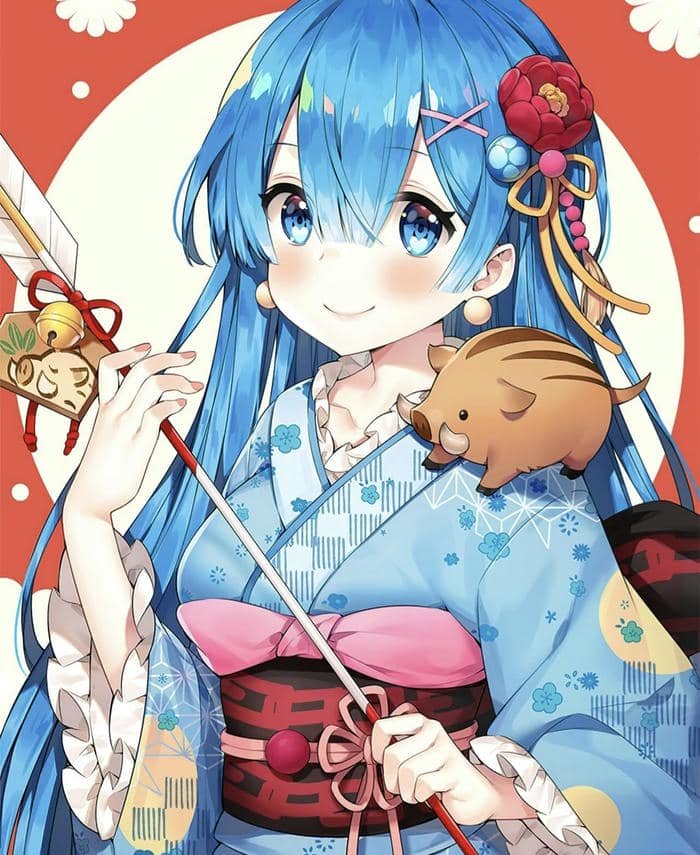 ảnh anime nữ kimono màu xanh