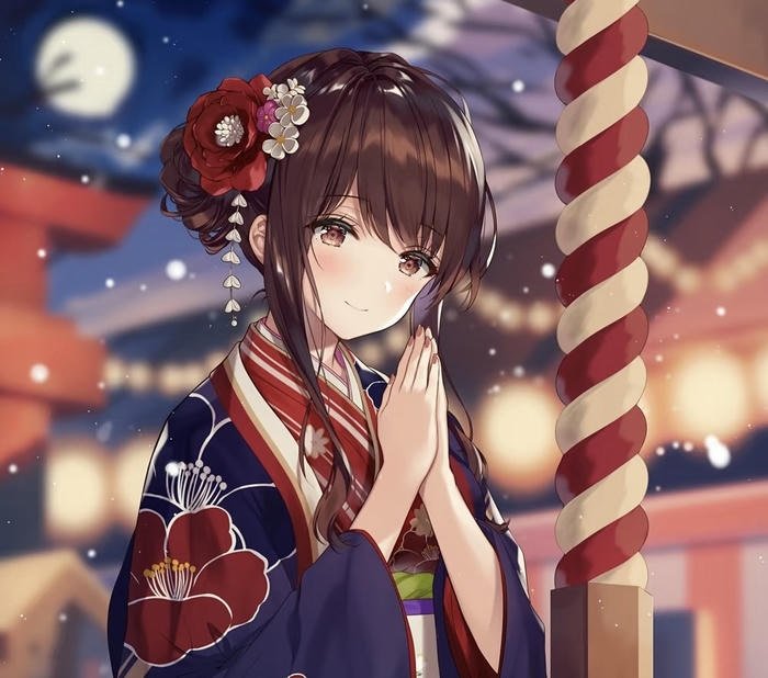 ảnh anime nữ mặc kimono nền nã trang nghiêm