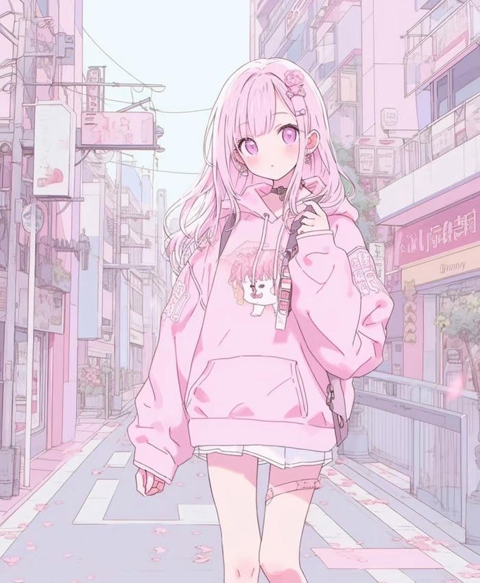 ảnh anime nữ tóc hồng đeo balo