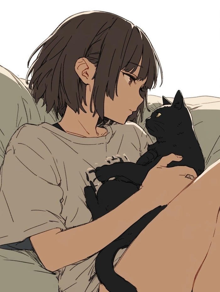 ảnh anime nữ tóc ngắn chơi với mèo đen