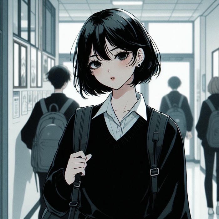 ảnh anime nữ tóc ngắn trong hành lang lớp