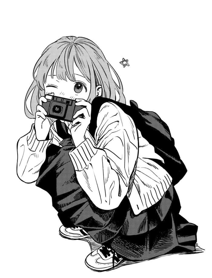 ảnh anime nữ trắng đen đang chụp ảnh