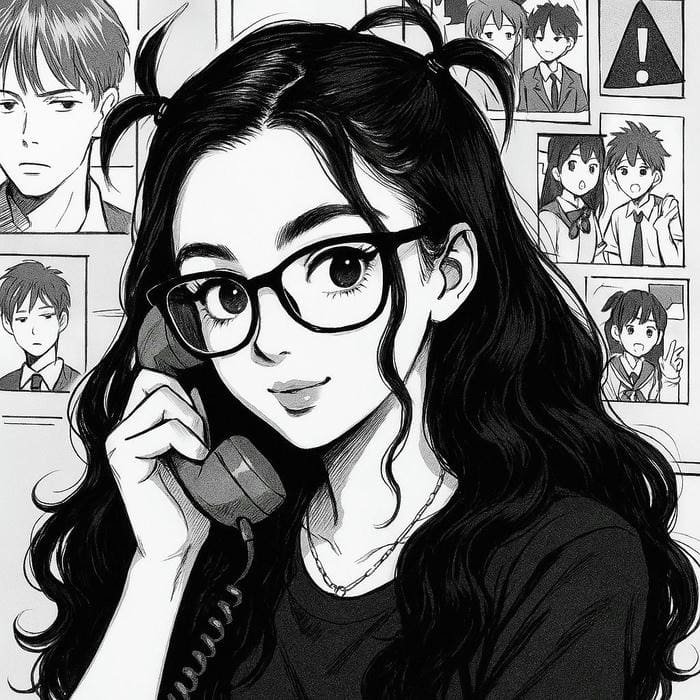 ảnh anime nữ trắng đen đang nghe điện thoại