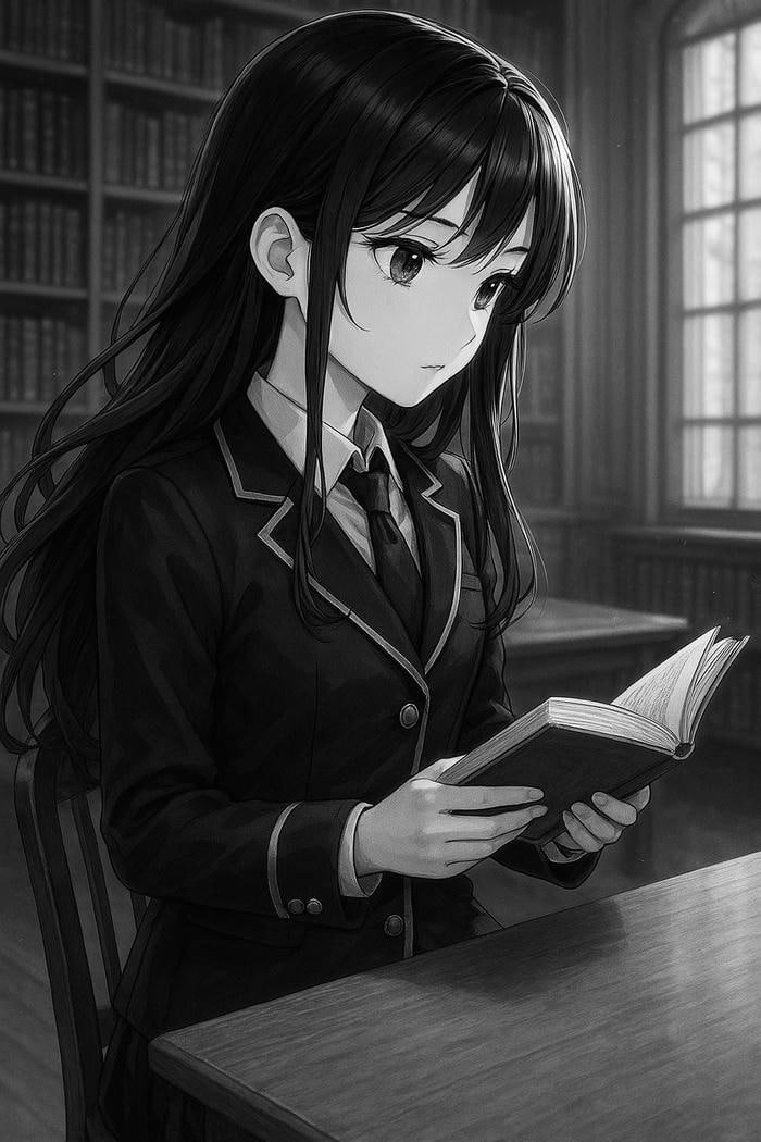 ảnh anime nữ trắng đen đọc sách