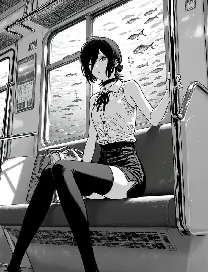ảnh anime nữ trắng đen trong tàu