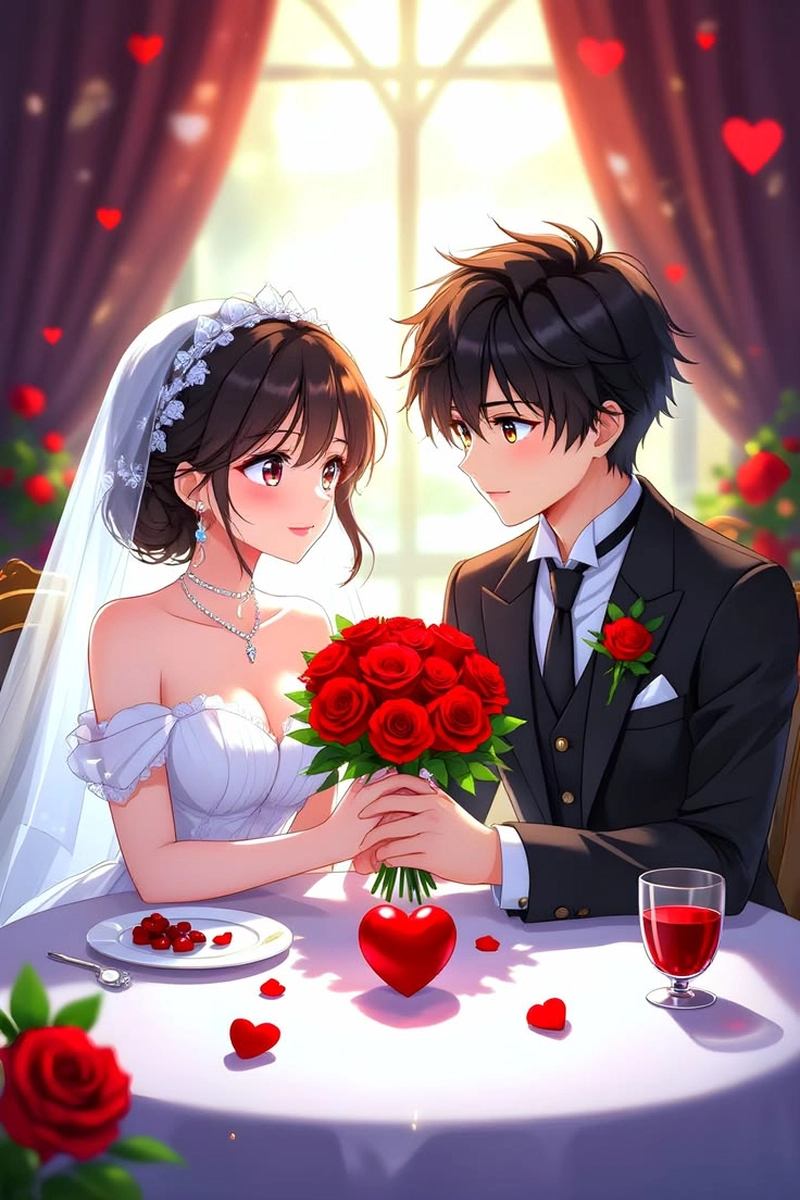 ảnh anime tân lang tân nương với nụ cười hạnh phúc
