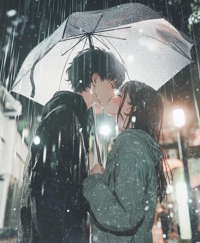 ảnh cặp đôi anime hôn nhau trong mưa