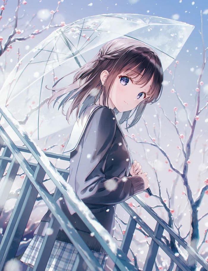 ảnh nhân vật anime nữ che ô trong tuyết