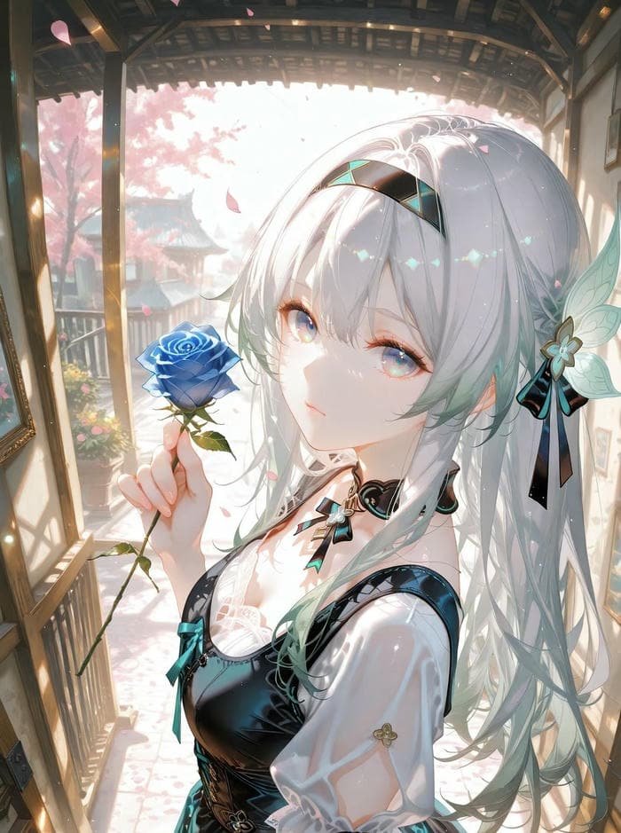 ảnh nhân vật anime nữ có hoa hồng xanh