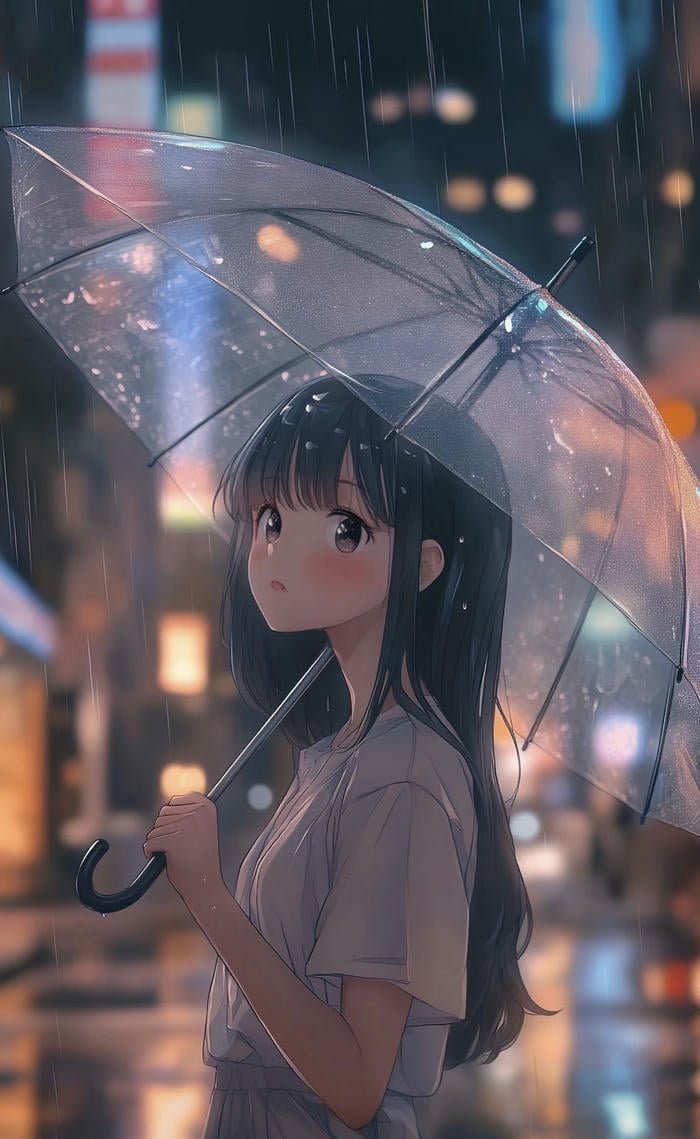 anime buồn đứng lặng giữa mưa