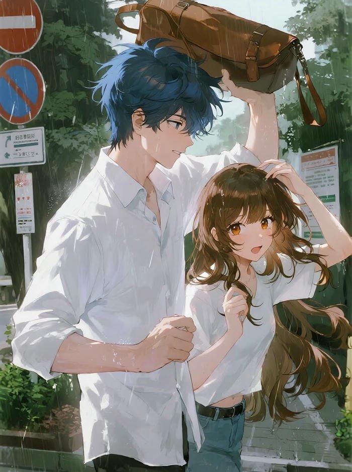 anime cặp đôi chạy trong mưa