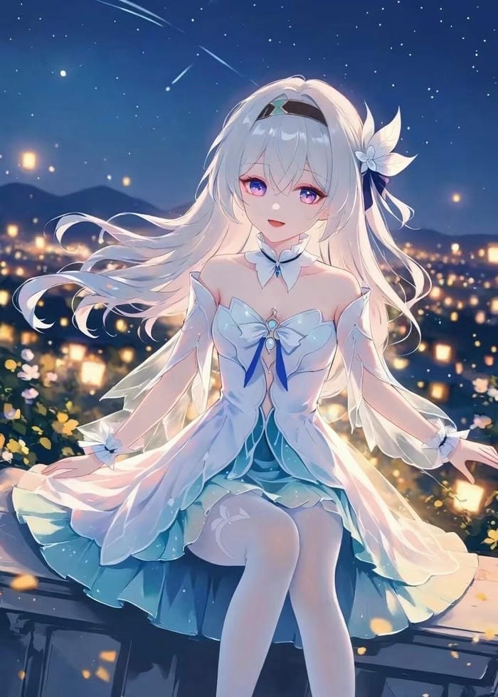 anime girl tóc trắng cảnh ngoài trời