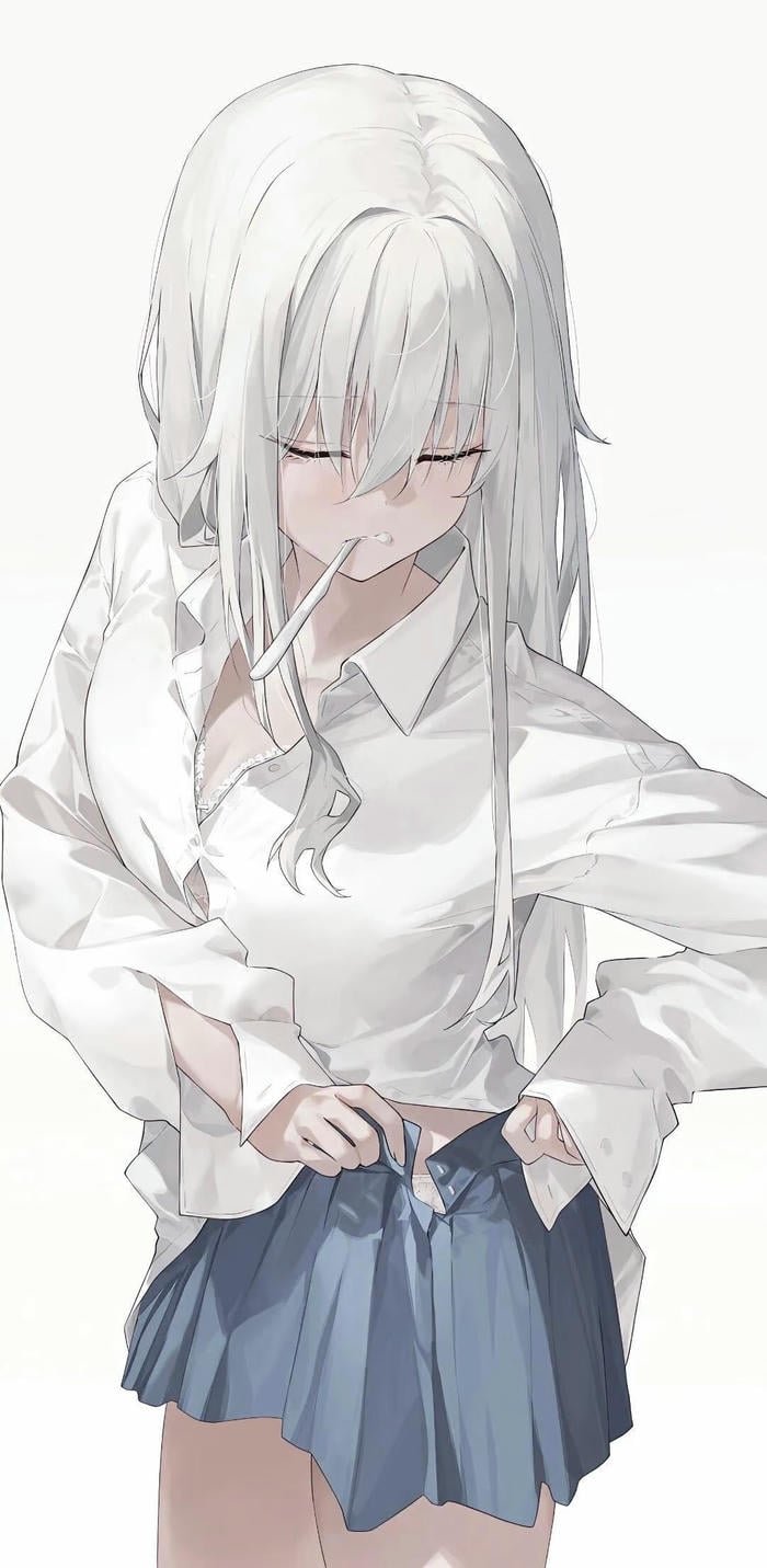 anime girl tóc trắng đang chỉnh quần áo