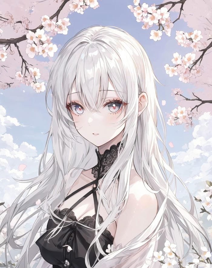 anime girl tóc trắng nền hoa đào