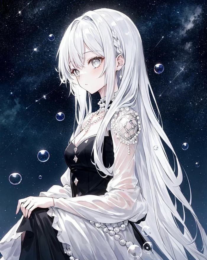 anime girl tóc trắng trong đêm sao
