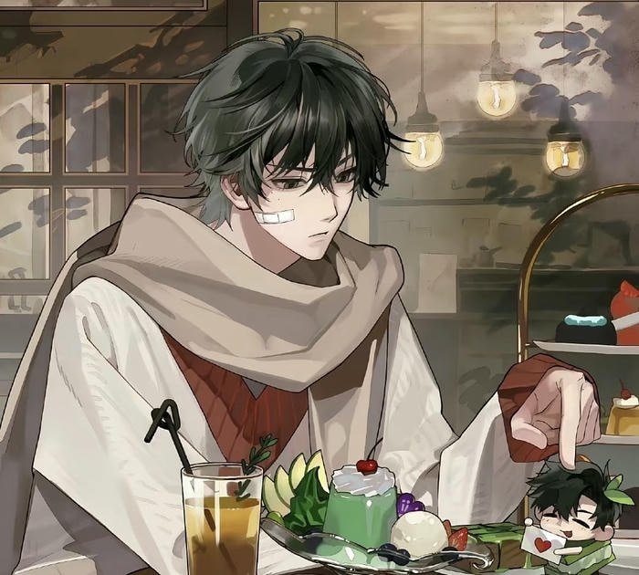 anime nam đang uống cà phê thư giãn