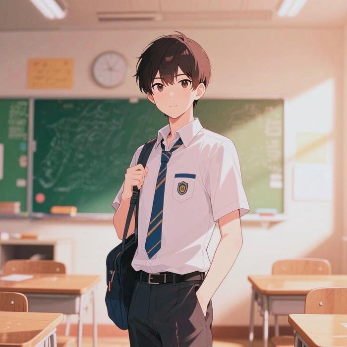 anime nam học sinh dưới ánh hoàng hôn