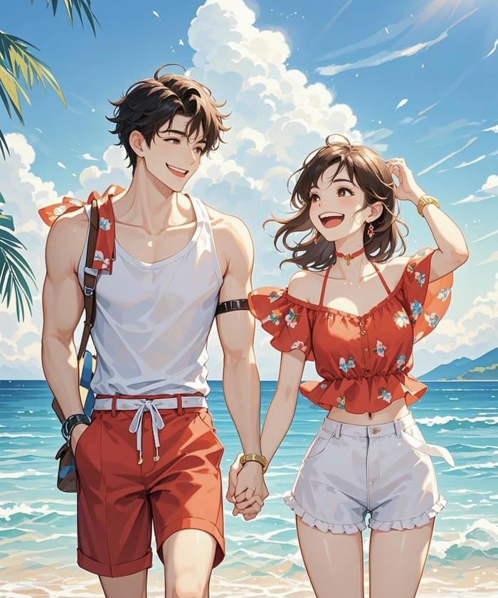 anime nắm tay giữa trời biển
