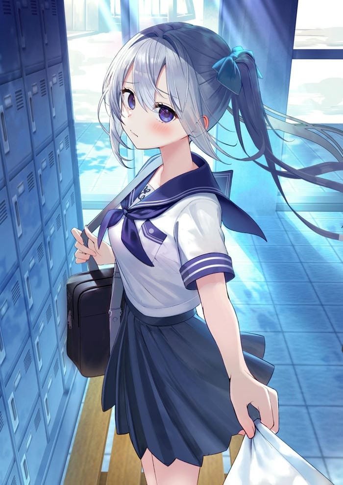 anime nữ học sinh dáng đứng nghiêng người duyên dáng