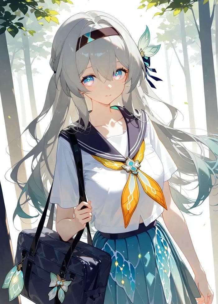 anime nữ học sinh đeo cặp sách đến trường học
