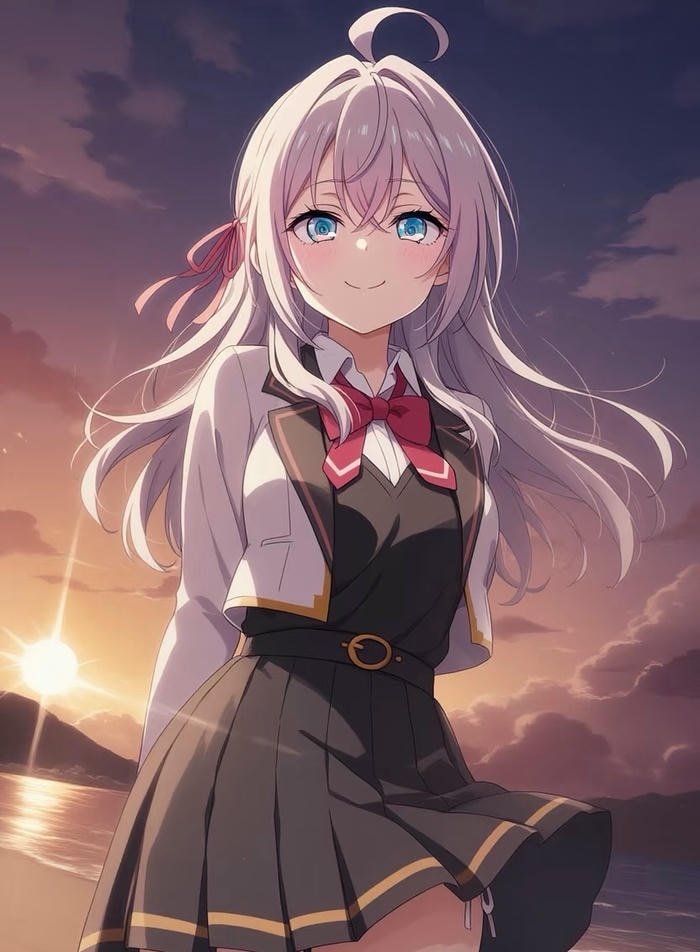 anime nữ học sinh dưới ánh hoàng hôn sau giờ học