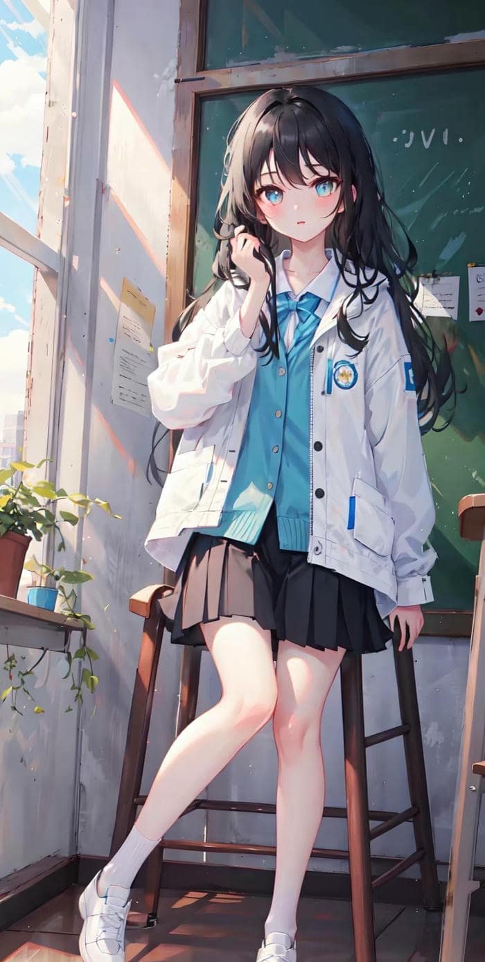 anime nữ học sinh mỉm cười dịu dàng dưới nắng