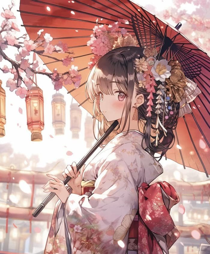 anime nữ mặc kimono chững chạc trầm lắng