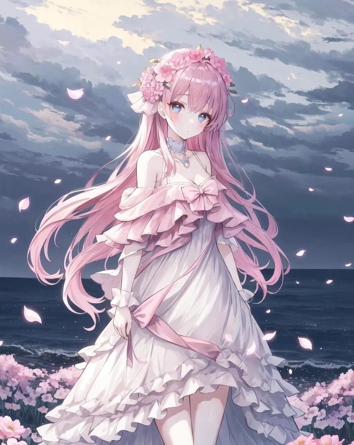 anime nữ tóc hồng đượm buồn man mác