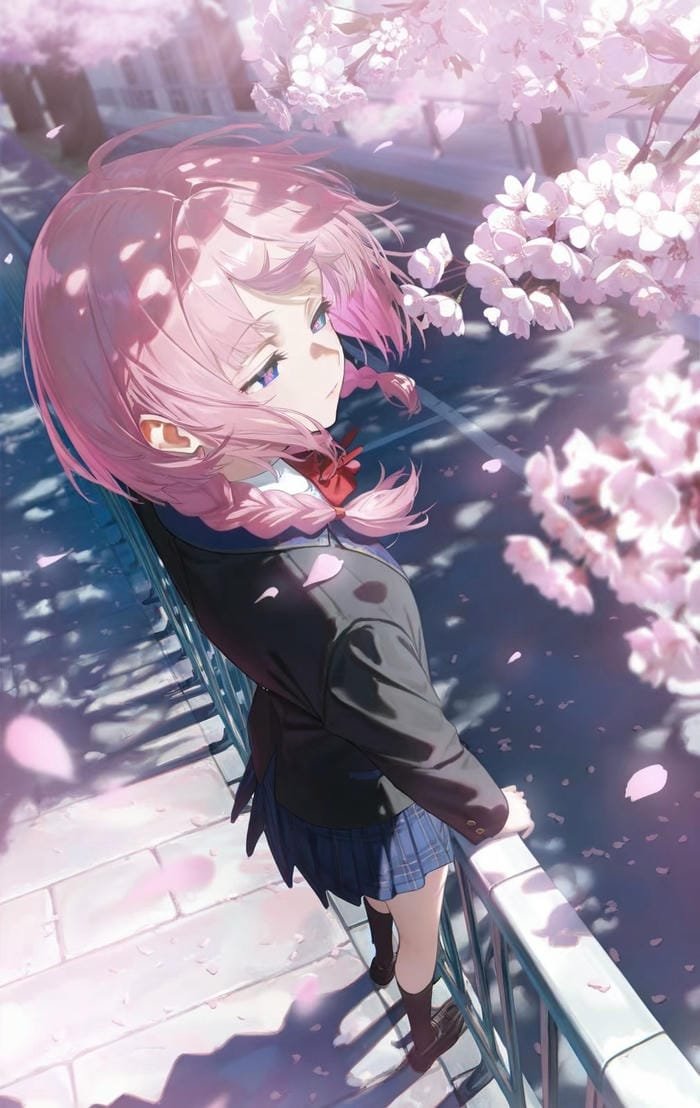 anime nữ tóc hồng trầm tư