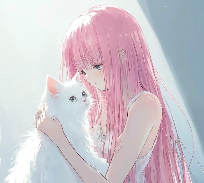 anime nữ tóc hồng và con mèo trắng