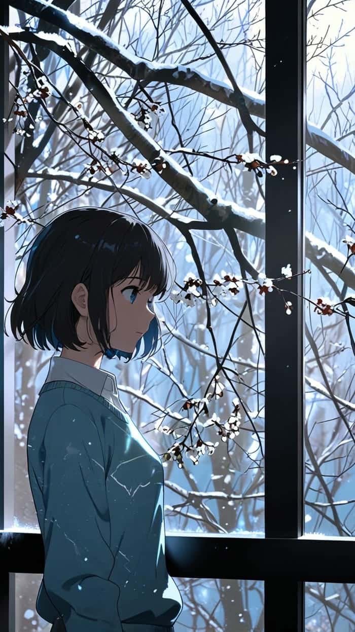 anime nữ tóc ngắn ngắm trời tuyết