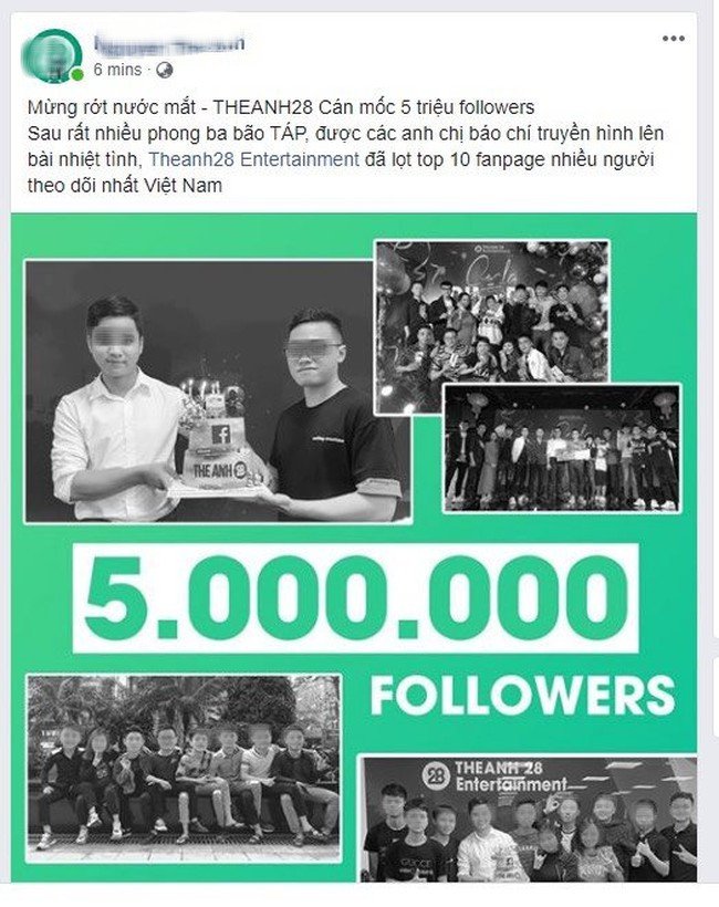 Bài đăng gây tranh cãi của founder Theanh28 Entertainment về cột mốc 5 triệu người theo dõi.