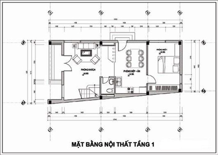 Bản vẽ mặt bằng tầng 1 của mẫu nhà ống 2 tầng 4 phòng ngủ