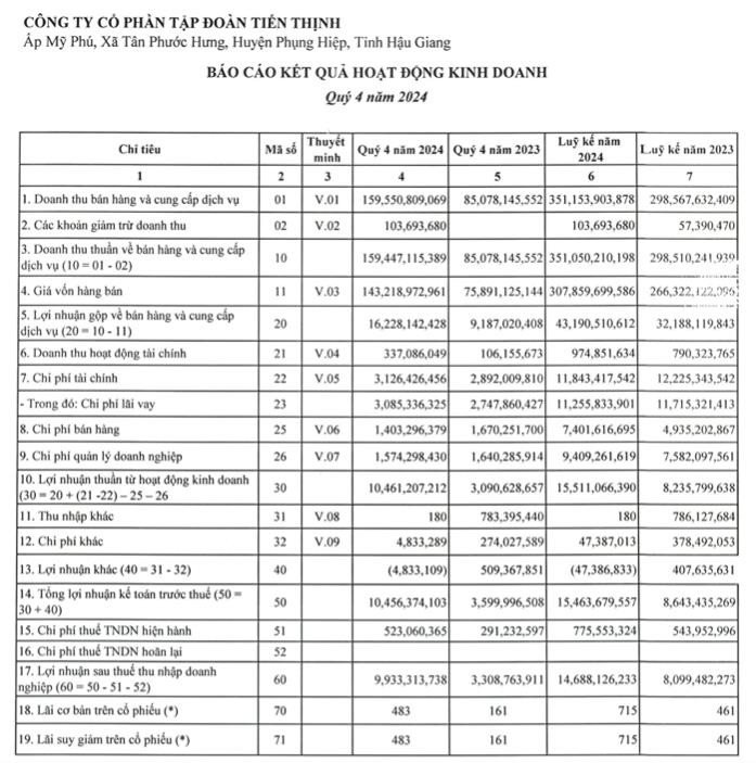 Báo cáo tài chính quý 4 năm 2024 của Tập đoàn Tiến Thịnh