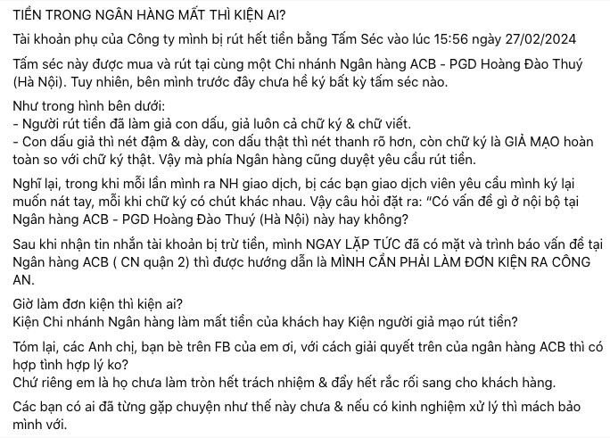 Biên bản làm việc giữa Công ty Riin Group và Ngân hàng ACB về vụ tài khoản ngân hàng bị mất tiền.