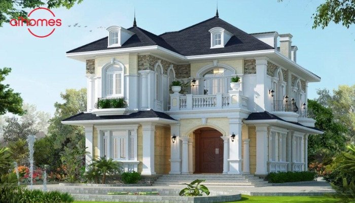 Biệt thự 2 tầng kiểu Pháp với kiến trúc lộng lẫy, sang trọng, thường được chọn trong các dự án xây nhà trọn gói Nghệ An