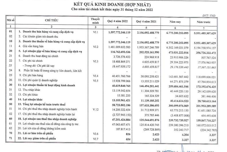Biểu đồ doanh thu và lợi nhuận hợp nhất của Haxaco năm 2022