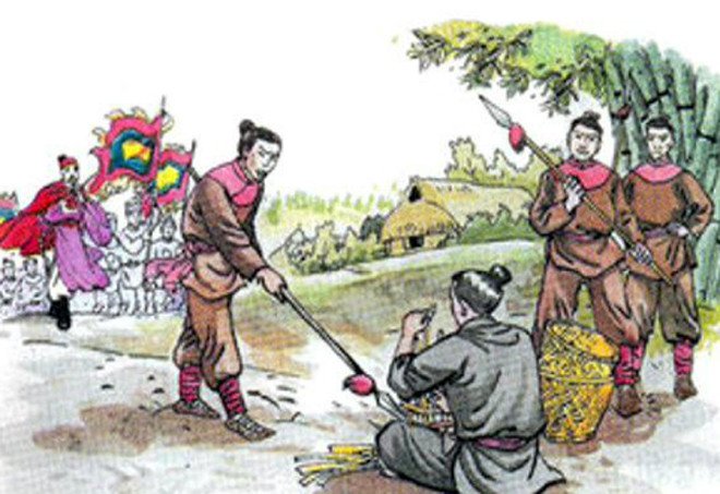 Cảnh Phạm Ngũ Lão mải mê đan sọt khi Hưng Đạo Vương đi qua, biểu trưng cho sự khiêm nhường và chí lớn trong việc học hỏi, rèn luyện
