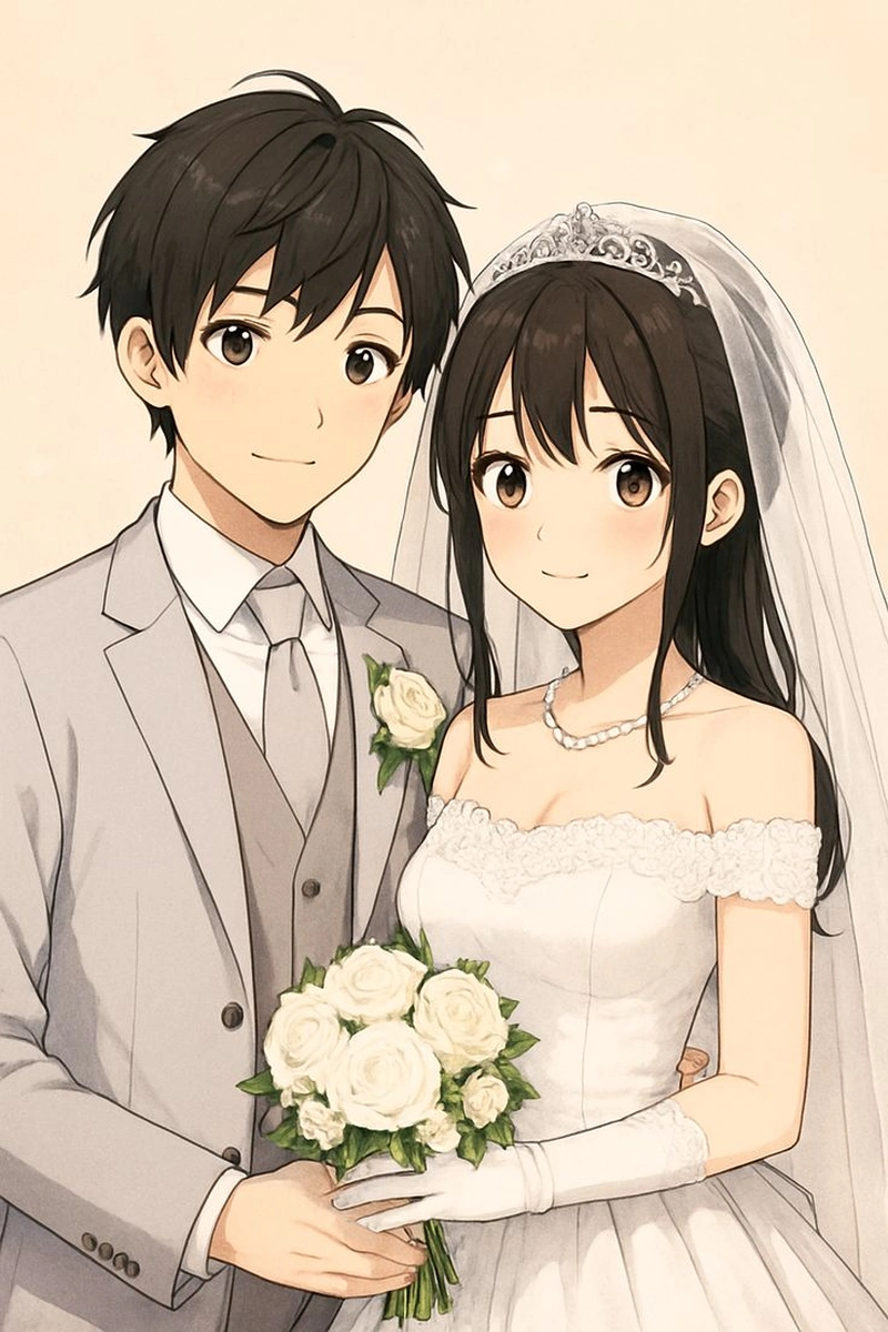 cặp đôi anime cô dâu chú rể diện lễ phục cưới như cổ tích