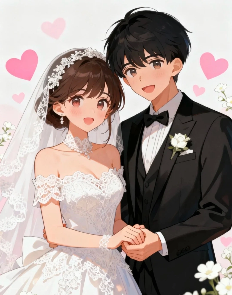 cặp đôi anime cô dâu chú rể hạnh phúc