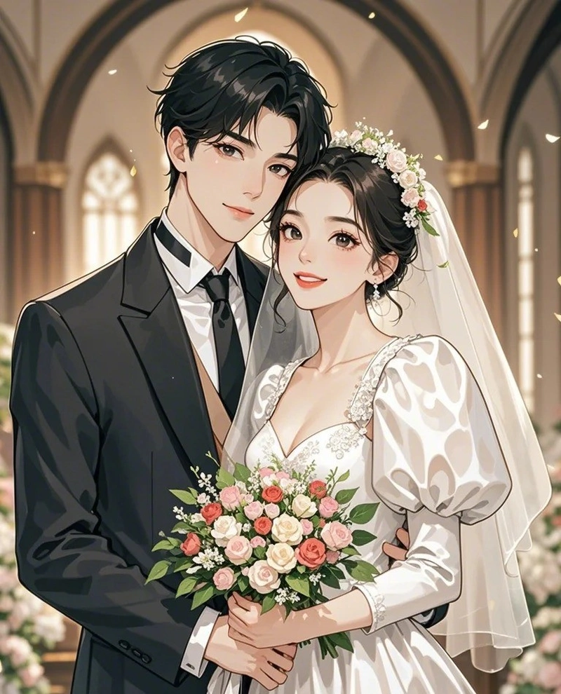 cặp đôi anime cô dâu chú rể tay trong tay trước lễ đường