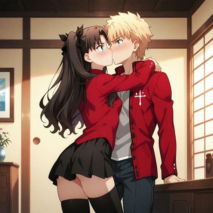 cặp đôi anime hôn nhau ánh sáng mềm