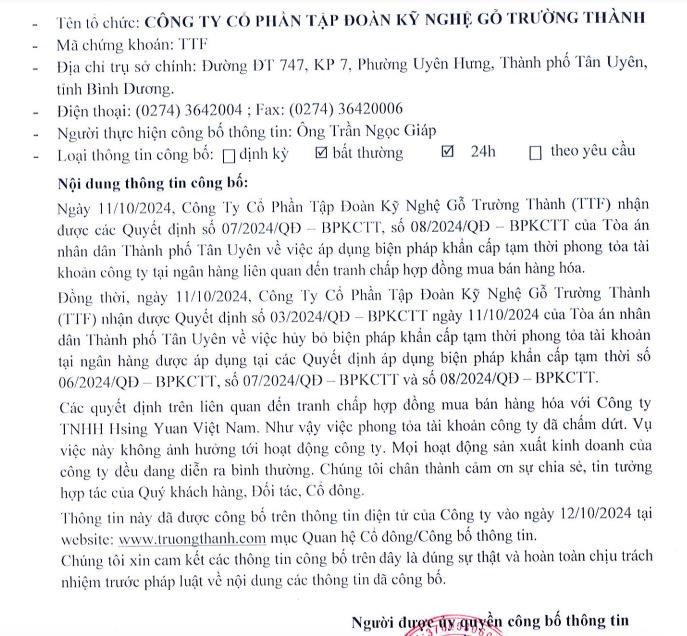 Cập nhật tình hình tài khoản ngân hàng của Gỗ Trường Thành (TTF)