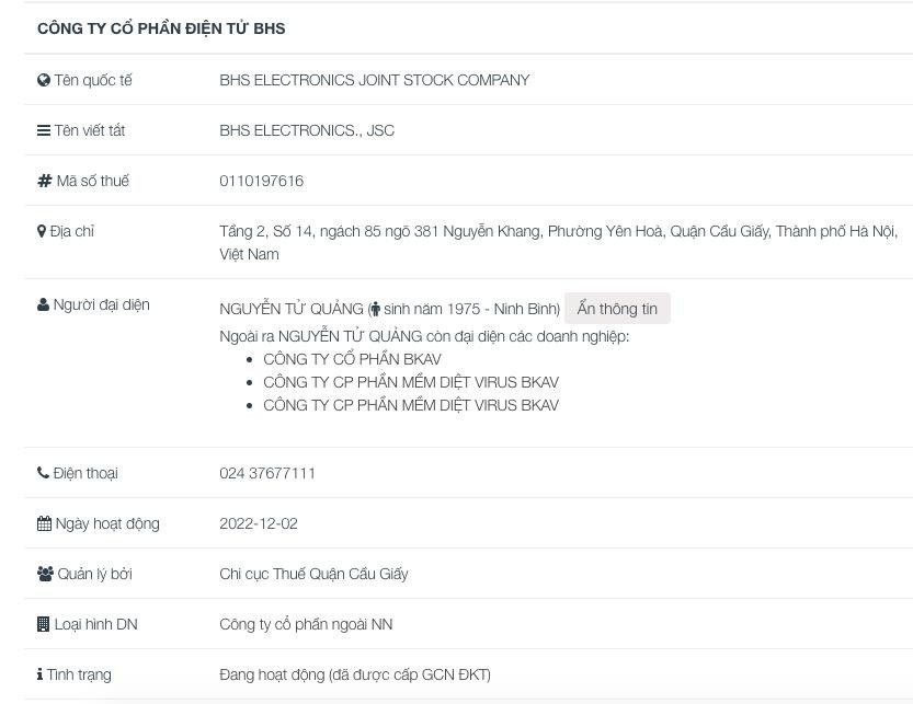 CEO Bkav Nguyễn Tử Quảng và thông tin Công ty Điện tử BHS giảm vốn