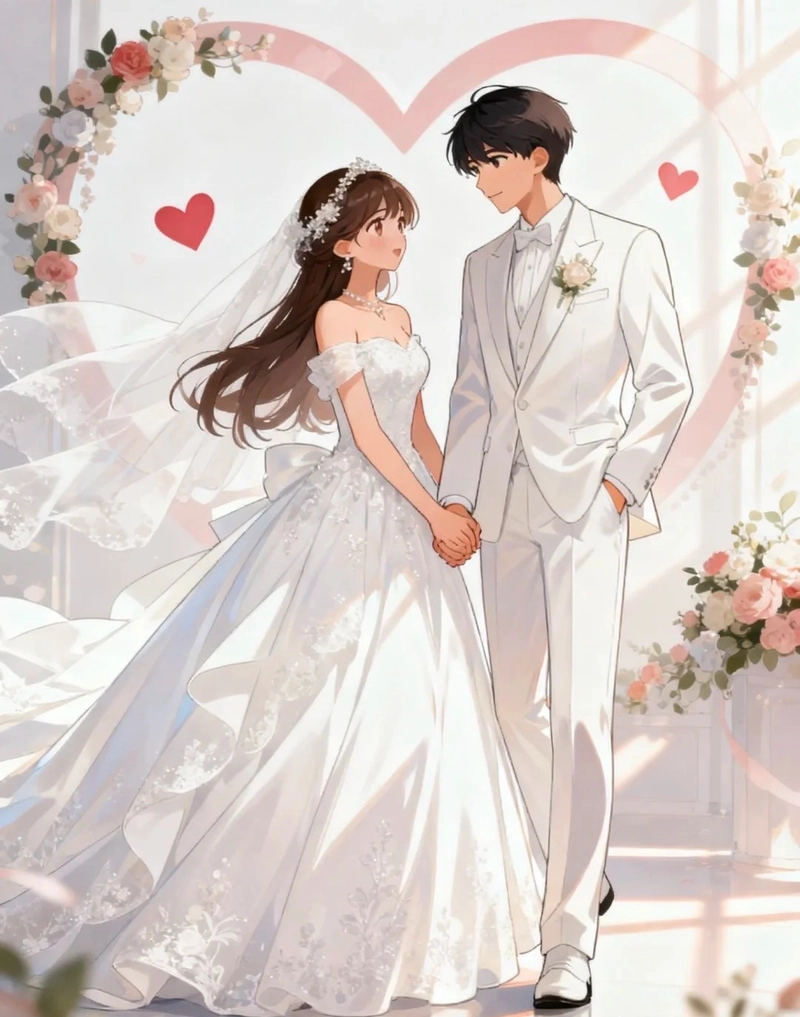 cô dâu chú rể anime rạng rỡ sánh bước bên nhau